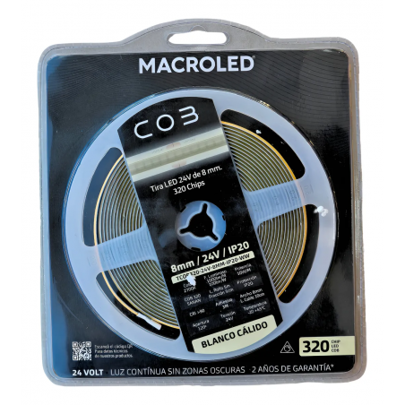 TIRA COB 320 LED BLANCO CALIDO 24V IP20 10W 5MTS.